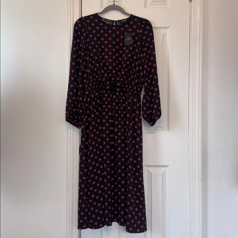 Kate Spade New York Black Red Heart Print Midi Dress Size S NWT